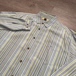 Tommy Bahama Shirt Mens Large Blue Green Stripe‎ 100% Silk Long Sleeve Button Up